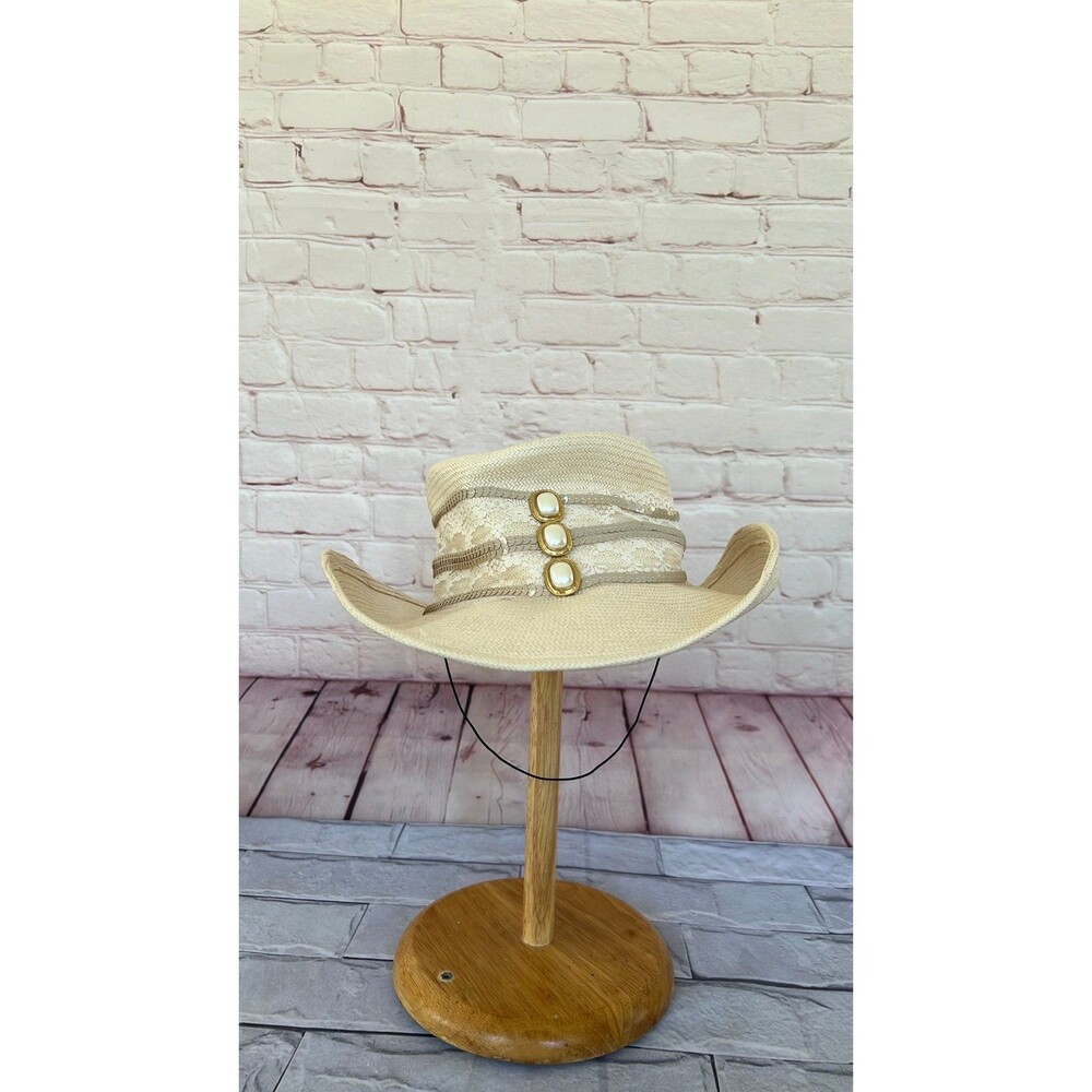 Vintage Michelle Mcgann By SONNI STRAW WESTERN HAT beige